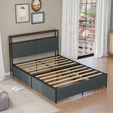 Panana 14 Inch Full Size Bed Frame,Industrial Metal Platform Bed Frame with 2 Tier Storage Wooden Headboard and Footboard,4 Storage Drawers,No Box Spring Needed,Black&Grey