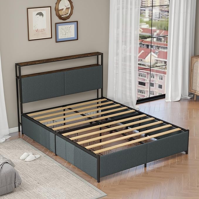 Panana 14 Inch Queen Size Bed Frame,Industrial Metal Platform Bed Frame with 2 Tier Storage Wooden Headboard and Footboard,4 Storage Drawers,No Box Spring Needed,Black&Grey