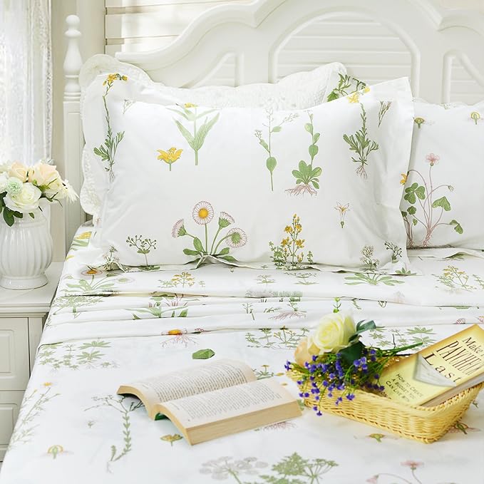 FADFAY Shabby Green Floral Sheet Set 100% Cotton Bed Sheet Set Green White Natural Hypoallergenic Bedding Set,4pcs-Queen