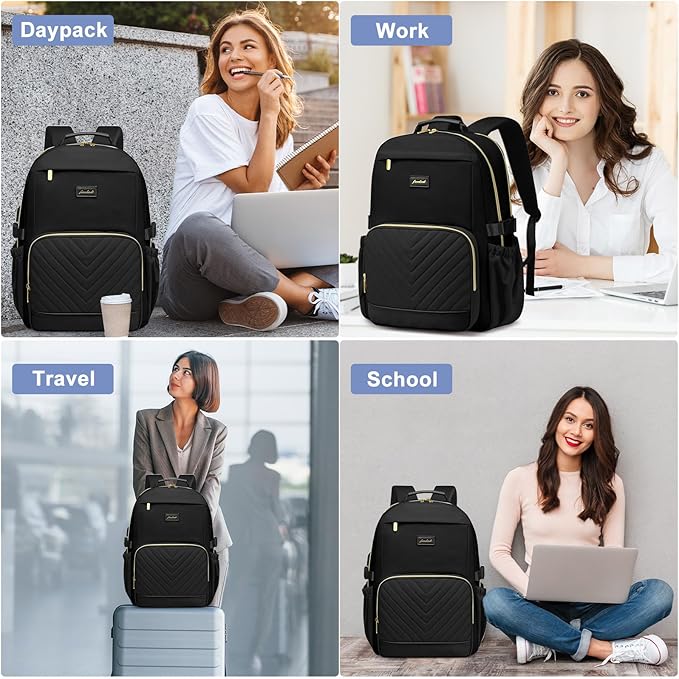 Laptop Backpack for Women Bookbag: 17 inch Work School Backpacks with Pouch Pocket for Large Capacity Cup & USB Charger College Book Bag Travel Business Nurse Teacher Bookbags Anti-theft Back Pack