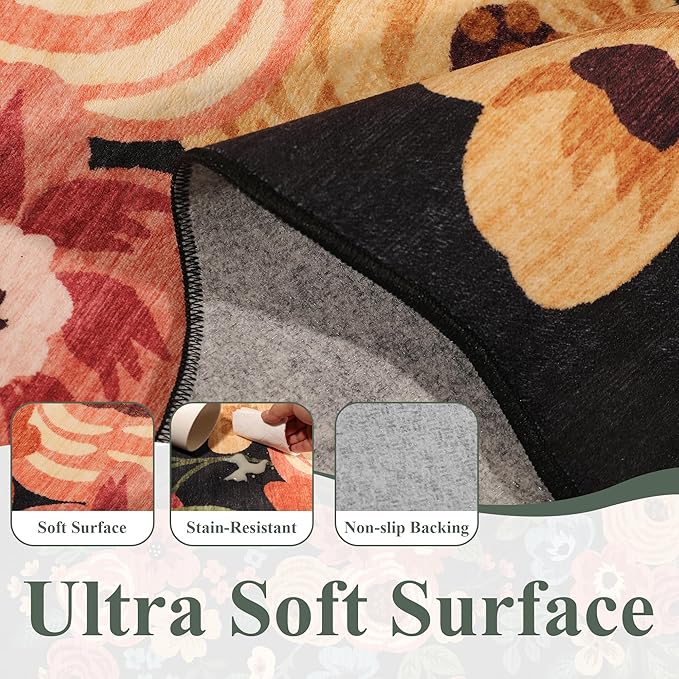 DUKINO 2x6 Runner Rug for Hallway, Washable Kitchen Rug with Non Slip Backing & Non-Shediing, Soft Low Pile Floral Design Runner for Bedroom, Kithchen, Living Room, Laundry, Bathroom, Black