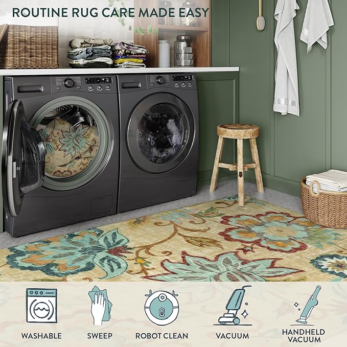 Lahome Floral Washable Rug for Living Room - Area Rugs 5x7 Non-Slip Lightweight Bedroom Throw Soft Kid Room Nursery Carpet, Boho Beige Paisley Print Indoor Carpet for Office Dining Room Kitchen
