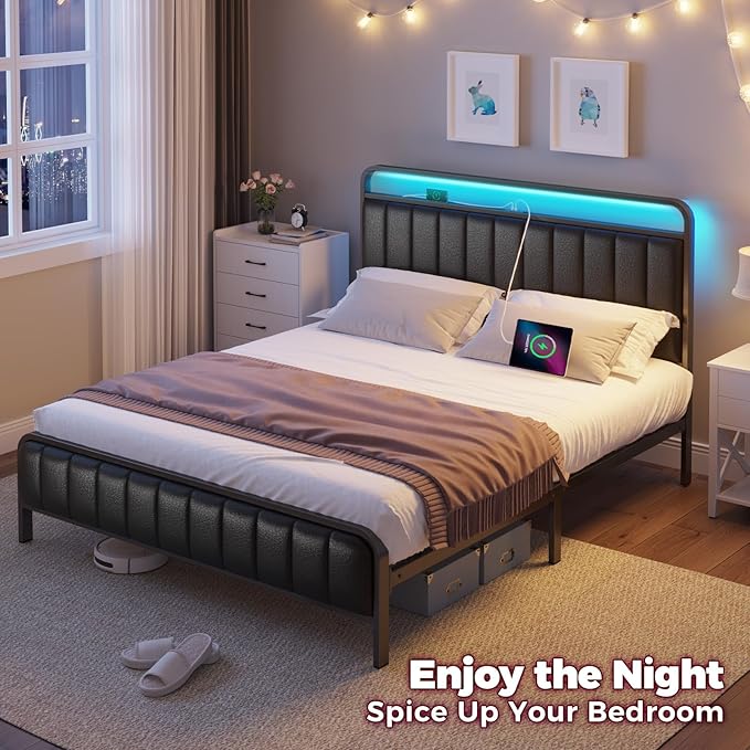 Rolanstar Full Size Bed Frame with LED Light and Charging Station, Upholstered Headboard and Footboard, Metal Slat, Noise Free, Easy Assembly, Black