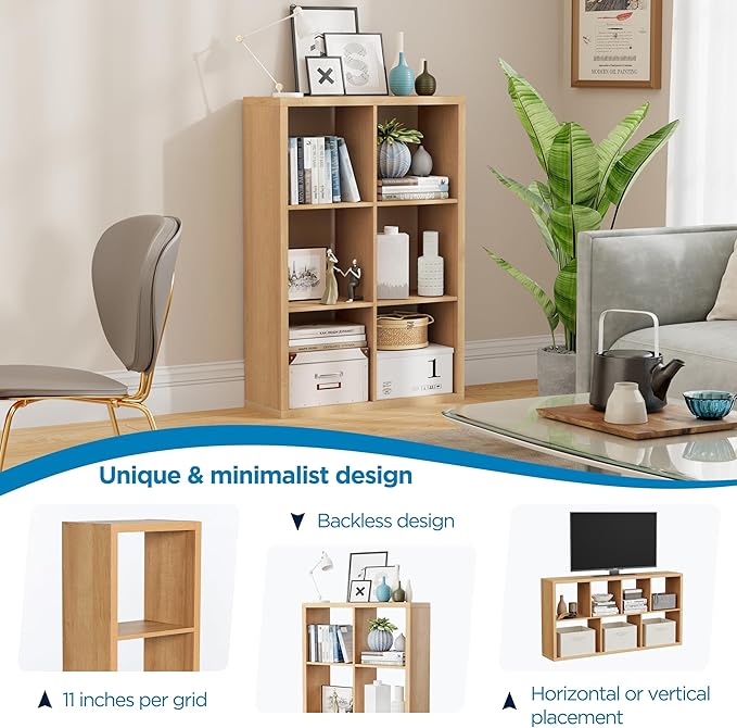 6 Cube Storage Organizer, 2x3 Cube Bookshelf, Cubby Storage Shelf, Wooden Organizer Shelf with Thickened Boards, for Closet Bedroom Home Office Living Room, 36.93" L x 9.37" W x 25.12" H, Natural-Oak
