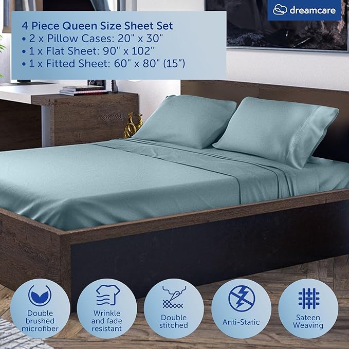 DREAMCARE Queen Size Sheets - Cooling Bed Sheets - 4pcs Set - up to 15" Deep Pocket Queen Sheet Set - Sheets Queen Size Bed - Soft & Long Lasting 100% Fine Microfiber with Side Pocket - Mineral Blue DREAMCARE
