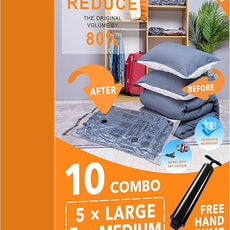 10 Pack Vacuum Storage Bags (5 x Large, 5 x Medium), Space Saver Sealer Compression Bags with Travel Hand Pump for Blankets, Comforters, Pillows, Clothes Storage