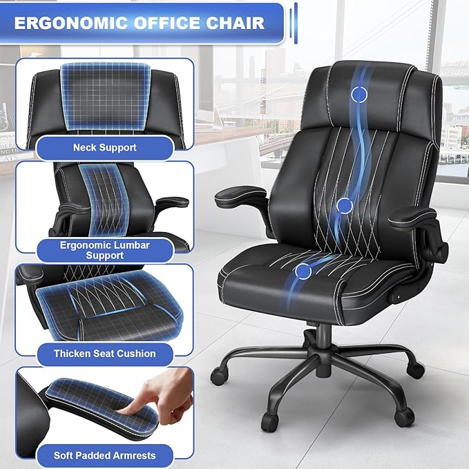 ZZH Ergonomic Office Chair High Back with Lumbar Support, Leather Executive Desk Chair, Flip-Up Arms, 360° Swivel & Height Adjustable, 1PC, Black