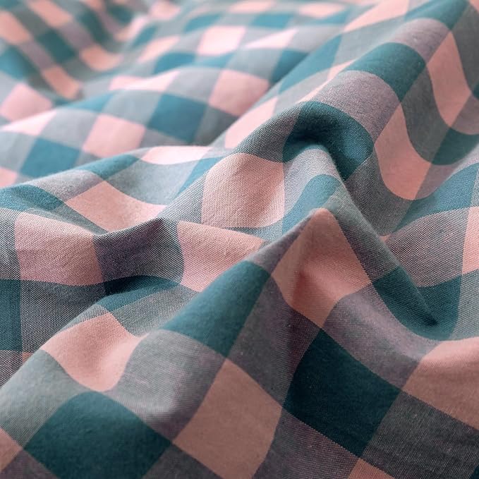 VM VOUGEMARKET Purple Pink Plaid Bedding Set Queen 3 Pieces Pink Blue Grid Duvet Cover with Zipper Ties 2 Pillowcases 100% Washed Cotton Luxury Soft Breathable Durable