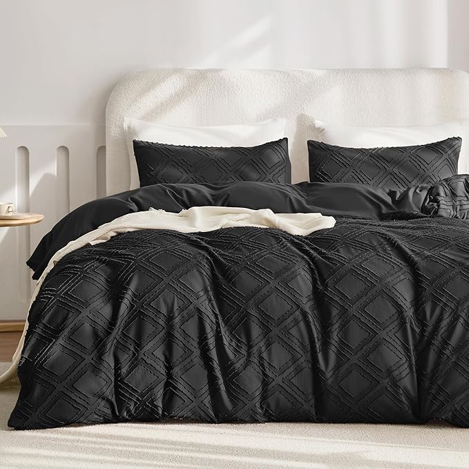 JELLYMONI Duvet Cover King Size Black - 3PCS Boho Duvet Cover Set Plaid Polyester Tufted Bohemian Jacquard Knit Textured Comforter Cover 104×90in Rhombic Geometric Pattern Zipper Corner Tie
