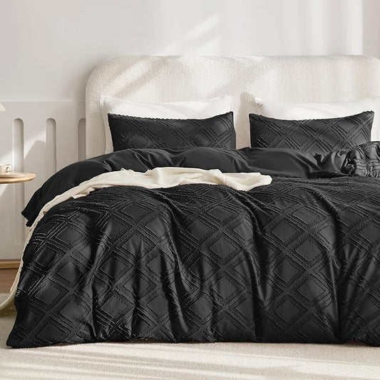 JELLYMONI Duvet Cover King Size Black - 3PCS Boho Duvet Cover Set Plaid Polyester Tufted Bohemian Jacquard Knit Textured Comforter Cover 104×90in Rhombic Geometric Pattern Zipper Corner Tie