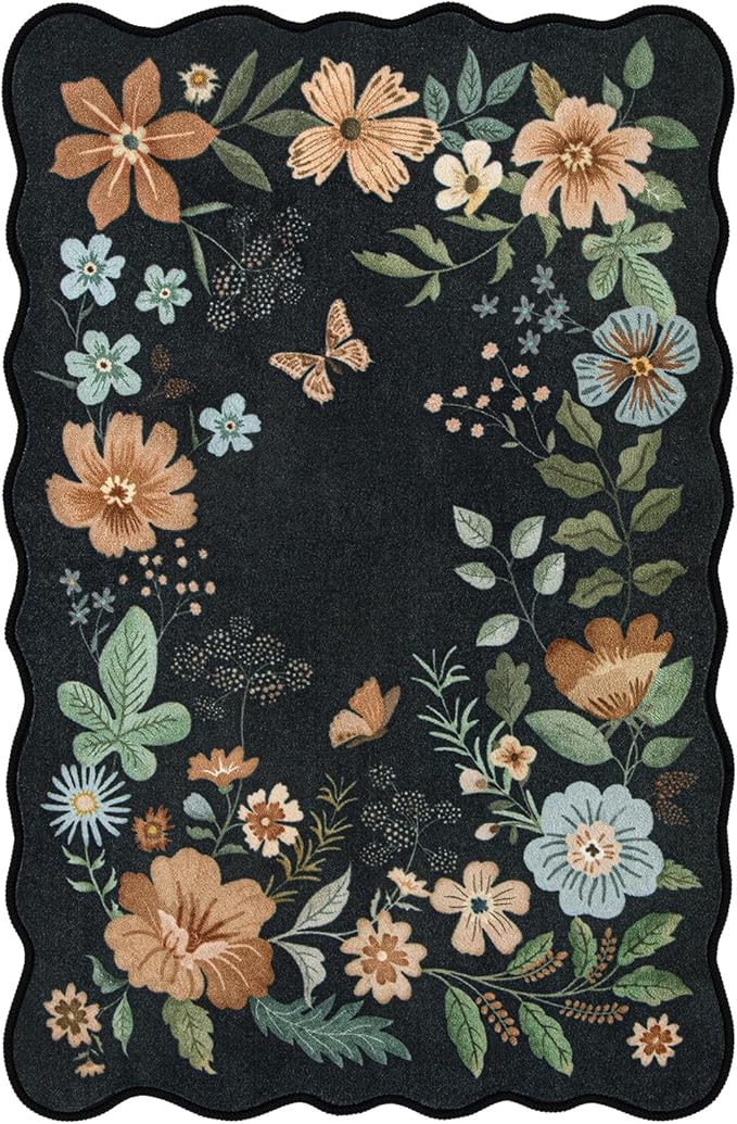 Lahome Floral Washable Rugs for Bedroom, 4X6 Living Room Rug Ultra-Thin, Non-Slip Soft Stain Resistant Boho Throw Carpet for ‎Office Entryway Dining Room (4x6ft,Black/Grey)