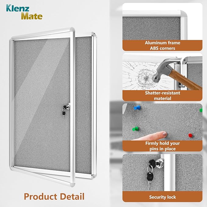 36"x24" Enclosed Bulletin Board Tamper-Proof Dispaly Case,Grey Fabric&Aluminium Frame,Shatter Resistant Lockable Bulletin Board with Clear Acrylic Door for School,Office,Mall,Community,Hospital,Church