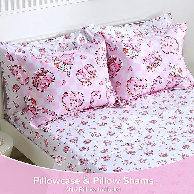 Viviland Kids Twin Bedding Sets for Girls, Soft Twin Comforter Set with Sheets, 5 Pieces Microfiber Bed in a Bag, Pink Dessert Cake