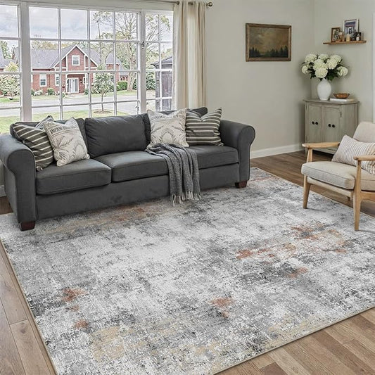 6x9 Washable Area Rug Grey Rust Abstract Living Room Bedroom Carpet Neutral Modern Non-Slip Soft Low Pile Lightweight Vacuumable Throw Rug for Dining Room Kitchen