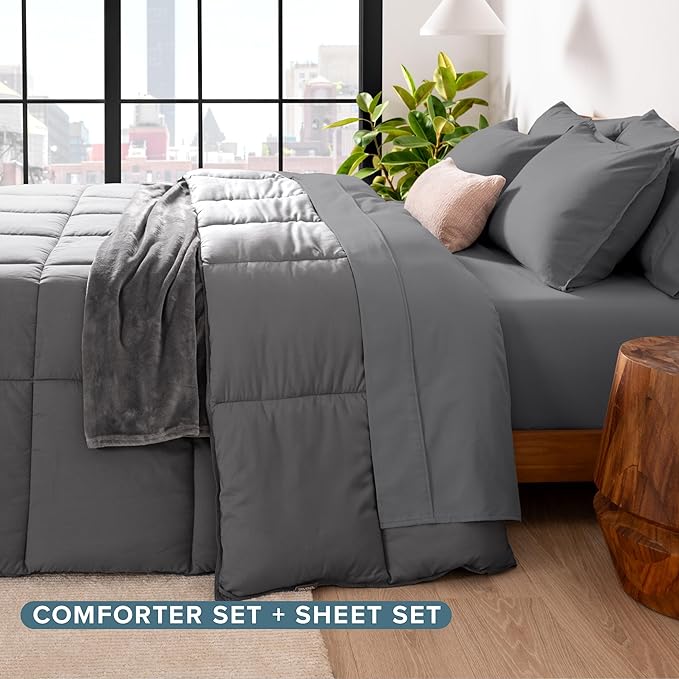 Bare Home Bed-in-A-Bag 5 Piece Comforter & Sheet Set - Twin XL - Goose Down Alternative - Ultra-Soft 1800 Premium Bedding Set (Twin XL, Grey/Grey)