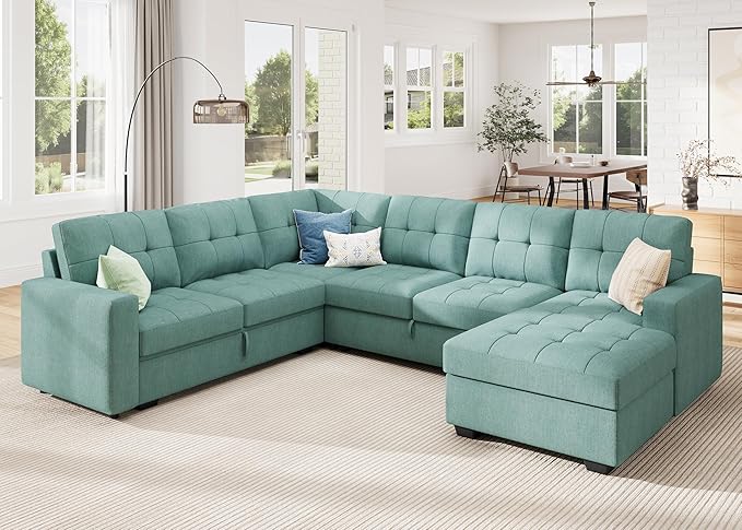 HONBAY Sectional Sleeper Sofa Bed, Sleeper Couch with Pullout Bed, Sectional Couch with Storage Chaise for Living Room, Blue