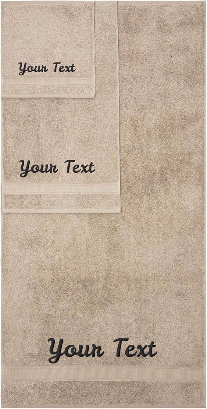 Personalized Towels, Hotel & Spa Quality, Super Soft, Highly Absorbent, Bathroom Sets, 100% Cotton Monogrammed towels 3 Piece Towel Set, Includes 1 Bath Towels, 1 Hand Towels, 1 Washcloths, Beige