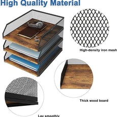 Natwind 3-Tier Stackable Paper Tray, Metal Mesh Desktop Organizer, Wood Board Paper Sorter, Letter Trays,File Document Storage Rack for for Home, Office, School (Retro)