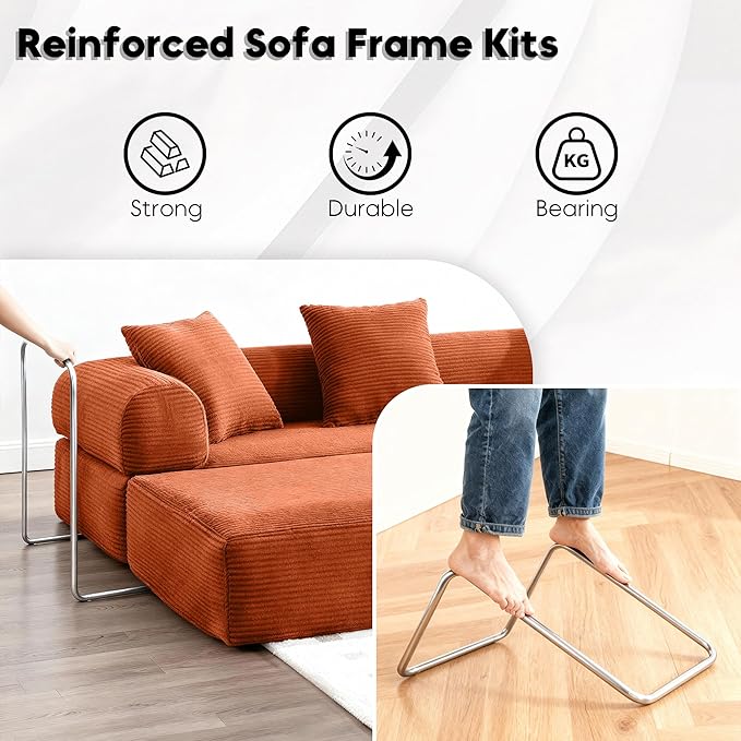 Convertible Sleeper Sofa Bed, Corduroy Floor Couch with Fixed-Shape Frame, Comfy Modular Floor Sofa with Pull Out Bed, Loveseat Sleeper Boneless Couch for Living Room, Orange
