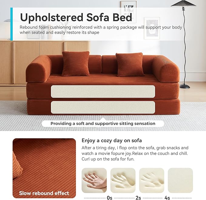 Convertible Sleeper Sofa with Cylindrical Pillow, Modern Corduroy Futon Bed, Modular Sofa with Pull-Out Bed, Love Seat Sleeper for Living Room, Small Space Apartment, Office (Orange)