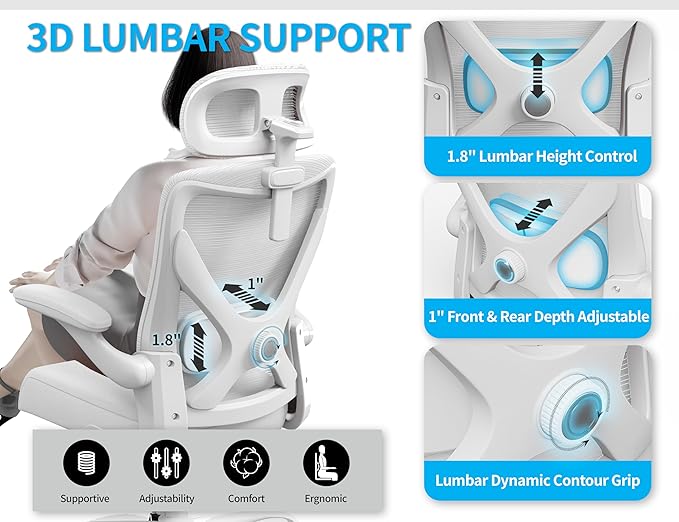White Ergonomic Office Chair: Mesh Desk Chair Comfy with Adjustable Lumbar Support 400lbs High Back Computer Gaming Chair - Big and Tall Office Chairs with Extra Wide Seat-Adults Home Office