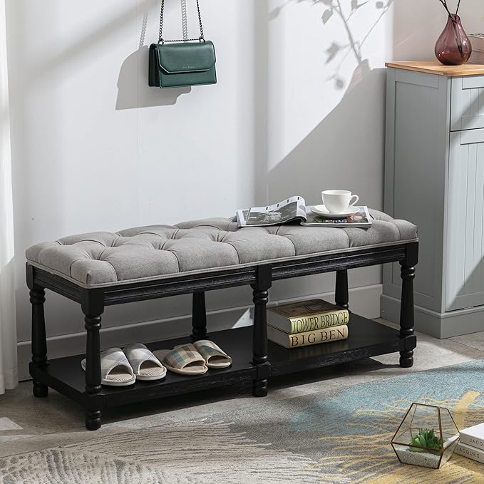 chairus Storage Bench 45.5 "W Extra-Long Button Tufted Entryway Bench with Wood Shoes Rack End of Bed Bench with Fabric Linen Upholstered Rectangular Seat for Bedroom Hallway Living Room Window, Grey
