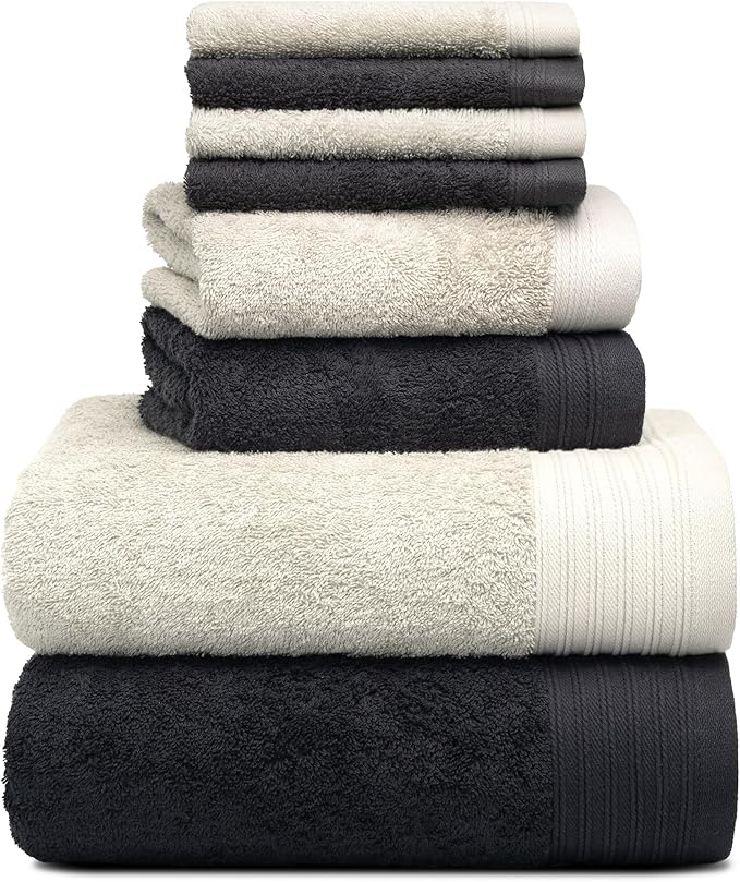 Premium 8 Pieces Towel Set Including 2 Bath Towels 30" x 56", 2 Hand Towels 18" x 30" and 4 Washcloths 13" x 13" - Color: Black & Silver | Pure Cotton |Machine Washable high Absorbency