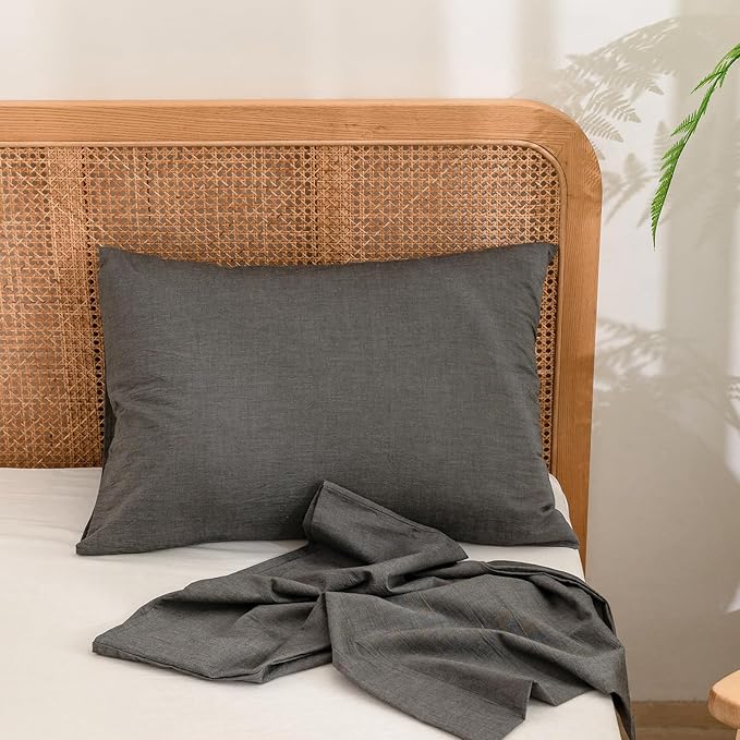 BESTOUCH 100% Washed Cotton Pillowcase for Hair and Skin Linen Feel Soft Comfortable Breathable 2 Set Pillow Case with Envelope Closure Solid Dark Grey King 20x36 Inches