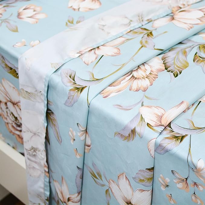 FADFAY Shabby Floral Bed Sheet Set Farmhouse Bedding Blue Cotton Winter Bedding Deep Pocket Sheets 4-Piece Queen Size