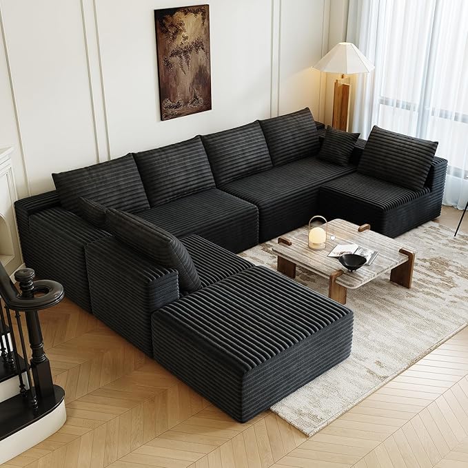 139.4" Modular Sectional Sofa, Oversized U-Shaped Minimalist Couches with 2 Middle Seats and 1 Ottoman Chaise, Modern Deep Seat Convertible Sleeper Sofa, Cloud Plush Corduroy Fabric,7 Seater, Black