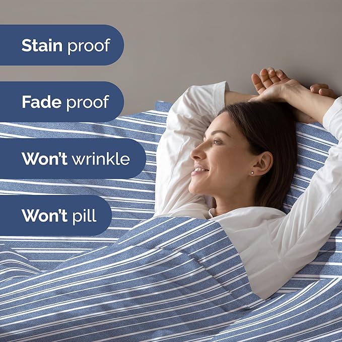 Duvet Cover Cal King Size Set - Extra Soft Cal King Size Duvet Cover 104 x 98 with 2 Pillow Shams - Hotel Luxury and Fade Free w/Zipper Closures & Ties - Comfy Breathable Bedding Set (Blue Stripes)
