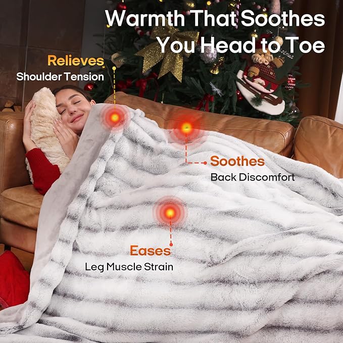 ZonLi 2-in-1 Weighted Heated Blanket for Back Pain, Heated Weighted Blankets Queen Size, 6 Heating Levels 1-10H Auto Off, Soft Ribbed Rabbit Fur Washable, Chirstmas Blanket for Family