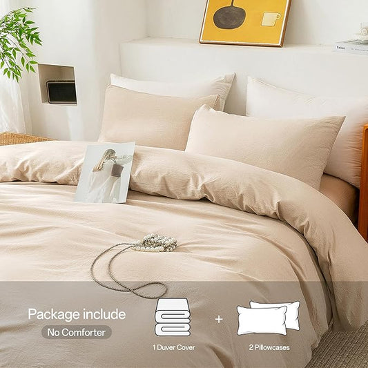 ECOCOTT Beige Duvet Cover Oversized King Size - 100% Washed Cotton Durable Soft Comfy Duvet Cover Set, 3 Pieces Duvet Cover with Zipper Closure (Khaki, 120"x 98")