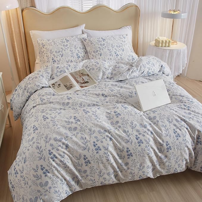3 Pieces Duvet Cover Full Size Bedding White Duvet Cover with Blue Floral Print,Coquette Bedding Soft Cotton Comforter Cover Boho Style,Aesthetic Full Bedding Set with Zipper Closure 4 Ties,All Season