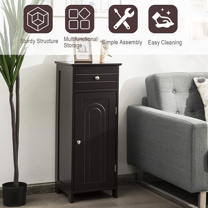 Tangkula Bathroom Floor Cabinet, Wooden Side Storage Cabinet, Freestanding Single Door Bathroom Cabinet with Large Drawer & 2 Adjustable Shelves for Living Room Kitchen (Brown)