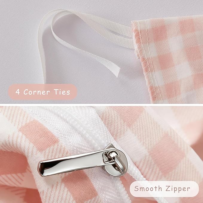 Pink Plaid Duvet Cover Set King White Checkered Comforter Cover Reversible Microfiber 100% Washed Cotton Bedding with Zipper Ties Pillowcases Breathable Ultra Soft Cozy Bedroom Farmhouse Style 3Pcs