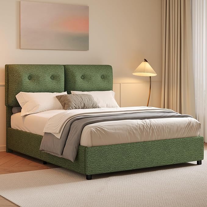 Queen Bed Frame with Headboard, Cloud Boucle Upholstered Bed Frame, Modern Soft Style, Adjustable Headboard, No Box Spring Needed, Easy Assembly, Green