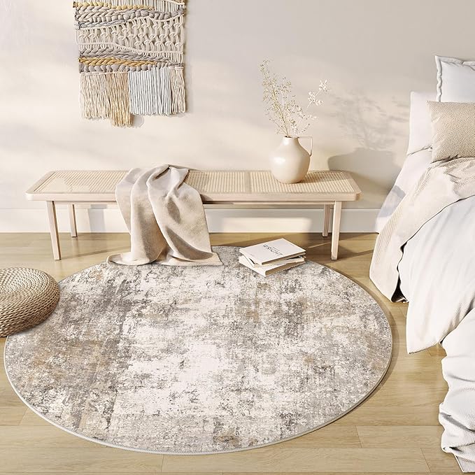 3x3 Washable Round Rug Brown Grey Abstract Entryway Area Rug Neutral Modern Non Slip Soft Low Pile Small Carpet for Bathroom Kitchen Living Room Bedroom