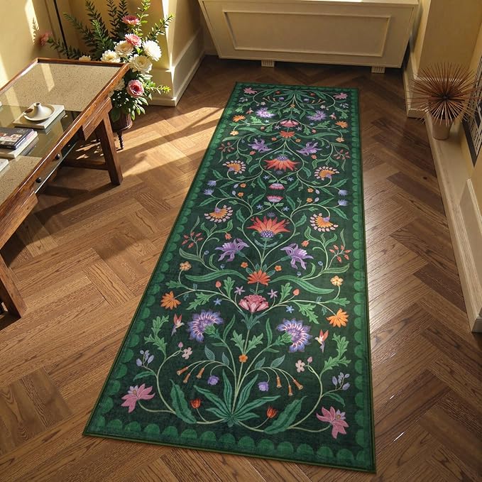 Lahome Boho Floral 2x6 Washable Green Bathroom Kitchen Runner Rug, Soft Rug Runners for Hallways Non Slip, Low-Pile Carpet Runner for Entryway Laundry (Forest Green,2x6)