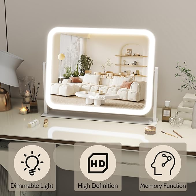 ROLOVE Lighted Makeup Mirror, 17"x13" Vanity Mirror with Lights, 10X Magnification, Gifts for Women, 3 Color Lighting Modes, Smart Touch Control, 360° Rotation for Bedroom or Tabletop (White)