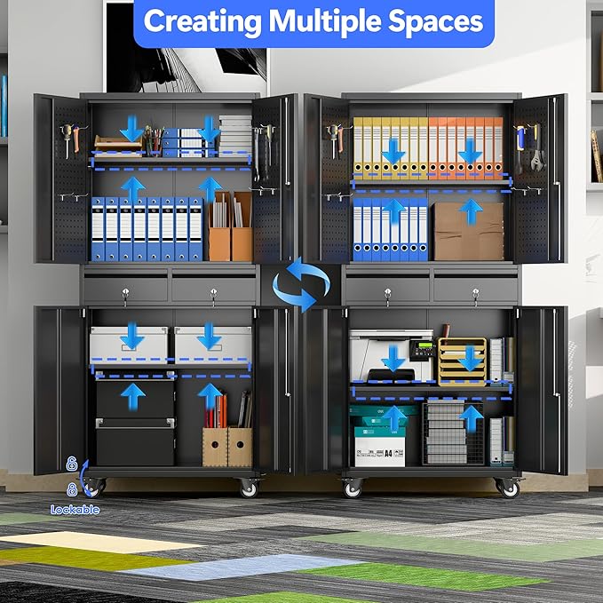 SUXXAN 71" Metal Garage Storage Cabinet with 8 Hooks and Pegboards,2 Drawer Rolling Tool Storage with Locking Doors and Adjustable Shelves,Heavy Duty Steel Tool Cabinet for Garage, Warehouse