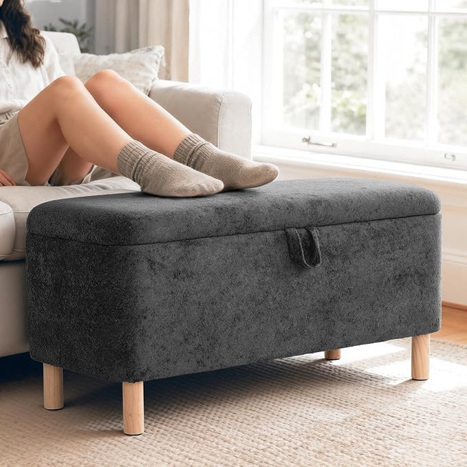 Ottoman with Storage, Storage Ottoman Bench, Entryway Bench, End of Bed Bench with Wood Legs for Bedroom, Living Room,Dark Grey