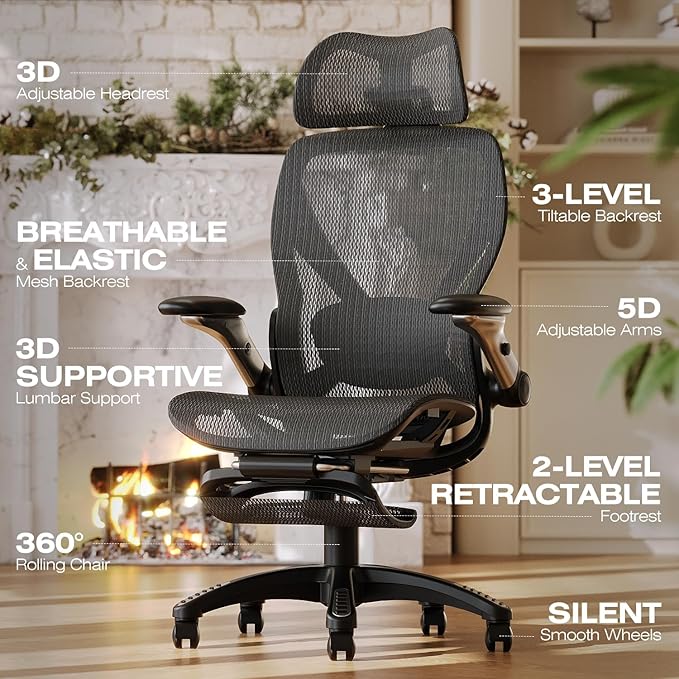 ELABEST X100 Ergonomic Mesh Office Chair with Footrest, Big and Tall Hone Desk Chair with 5D Flip-Up Arms, Adjustable 3D Lumbar Support,Gaming & Executive Computer Chairs for Long Hours(Midnight Mist)