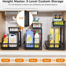 Under Sink Organizer,2 Pack Under Kitchen Sink Organizer,2 Tier Sliding-Out,5 Level Height Adjustable,Thickened Carbon Steel,Anti-rust Treatment,For Kitchen Bathroom Black