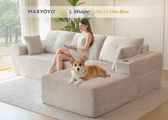 MAXYOYO 104" Modular Sectional Couch with L-Shape Chaise, Modern Boneless Couch for Living Room, Sofa in A Box, Oversized Sofa Sleeper with Deep Seat, No Assembly Required, Grayish Beige