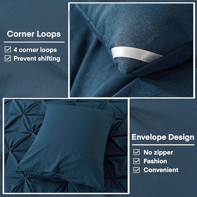Andency Navy Blue Pinch Pleat Comforter Full(79x90Inch), 3 Pieces(1 Pintuck Comforter and 2 Pillowcases) Down Alternative Microfiber Bedding Set