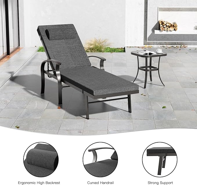 Patio Lounge Chairs Set of 3,Outdoor Lounge Chairs with 5 Adjustable Positions Backerst,Armrest Lounge Chair for Beach,Yard,Balcony,Poolside,Black