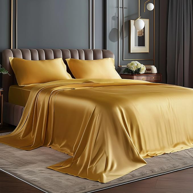 BEDELITE Satin Sheets Twin Size Bed Set, Luxury Soft Gold Silky Sheets for Hair and Skin, Similar to Silk Bed Sheets Set 3 Pieces with 1 Deep Pocket Fitted Sheet, 1 Flat Sheet, and 1 Pillowcase