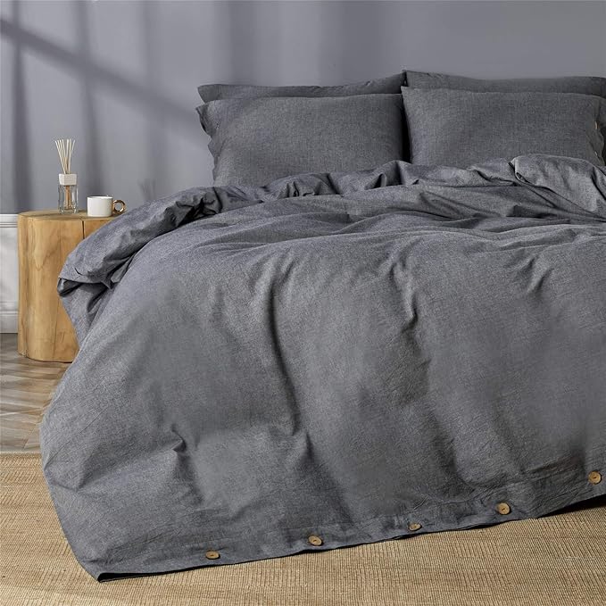 JELLYMONI Cotton Duvet Cover King Size - Black Comforter Cover with Button 100% Washed Cotton 3PCS Breathable Soft Solid Bedding Set Duvet Cover 104×90in & 2 Pillowcases (NO Comforter)