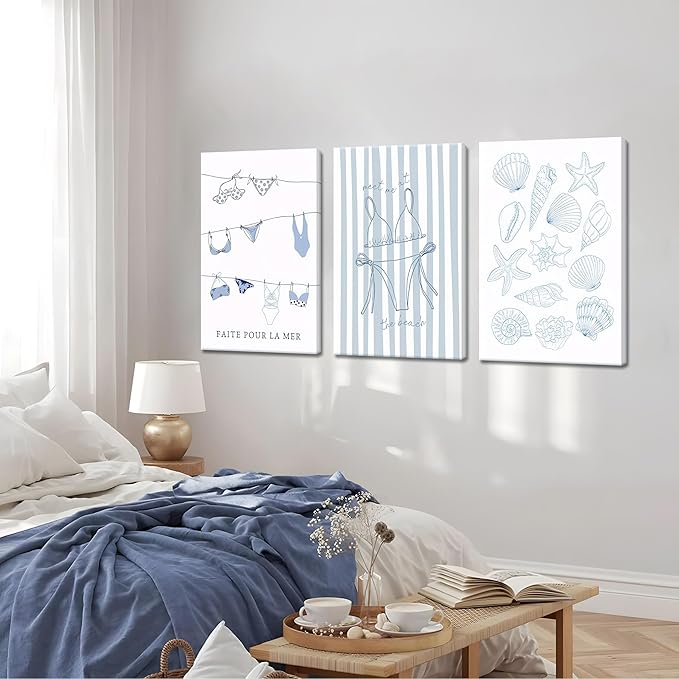 Trendy Coastal Canvas Wall Art Set of 3, Blue Bikini Granddaughter Room Wall Decor Paintings, Preppy Coastal Shell Girls Dorm Posters Prints Pictures for Living Room Bedroom 12x16 Inch Framed